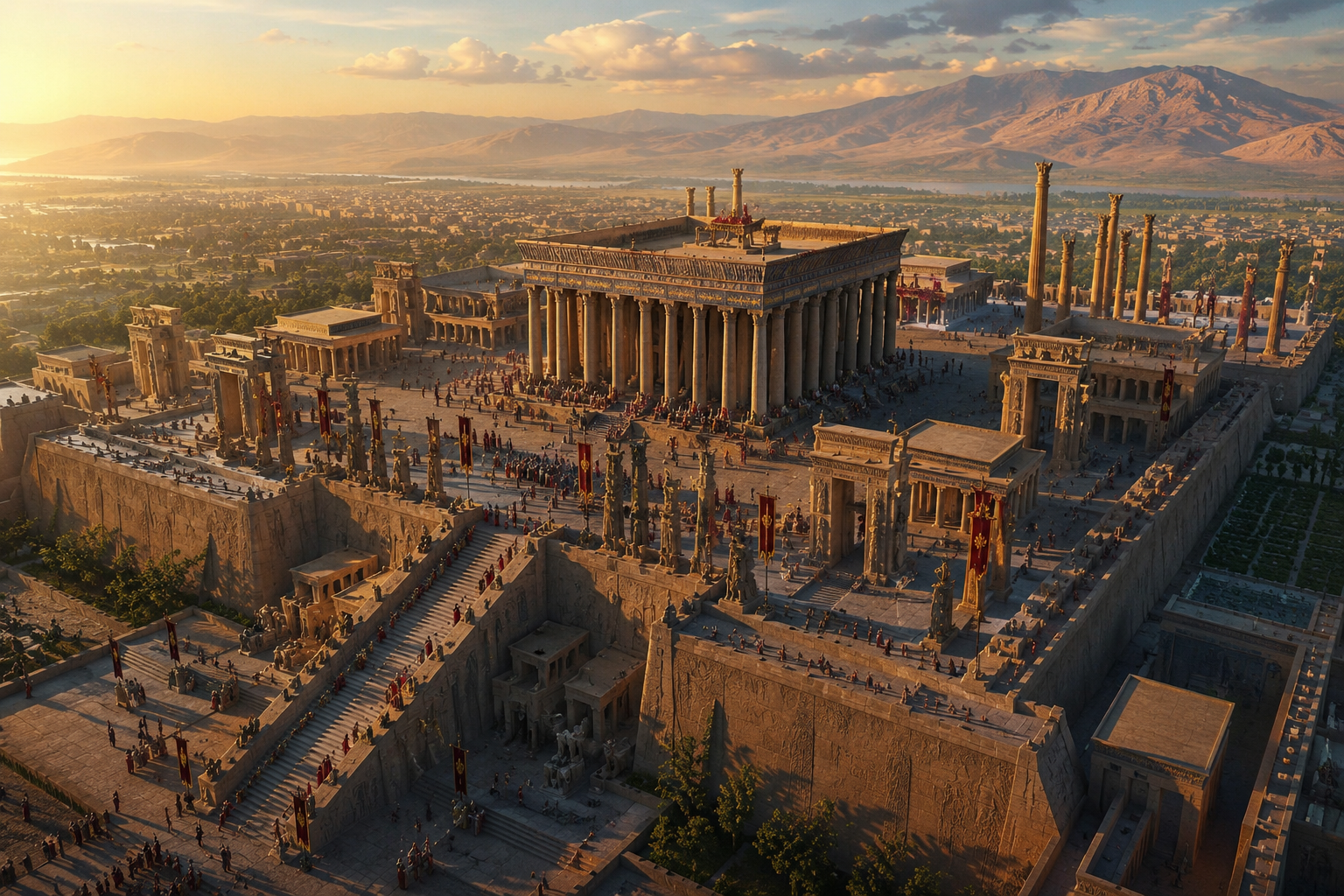 Artist's reconstruction of Persepolis at its height in the 5th century BCE — Apadana terrace, double staircase, Gate of All Nations and tribute-bearing delegations in late afternoon Fars light