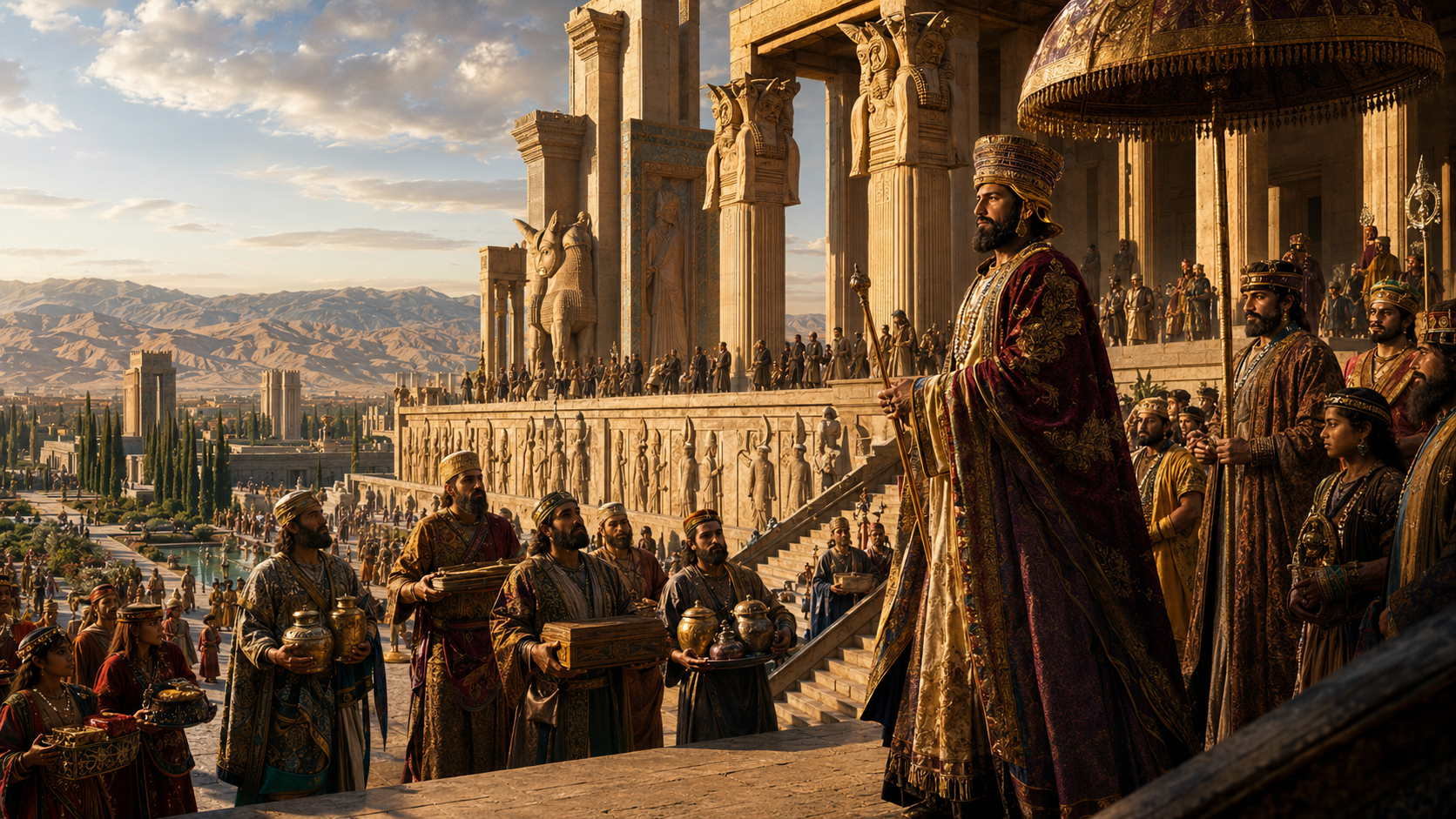 Darius the Great in his prime, holding the royal scepter beneath a jeweled parasol on the steps of Persepolis, receiving tribute-bearers before the carved Apadana staircase — Fars, late 6th century BCE