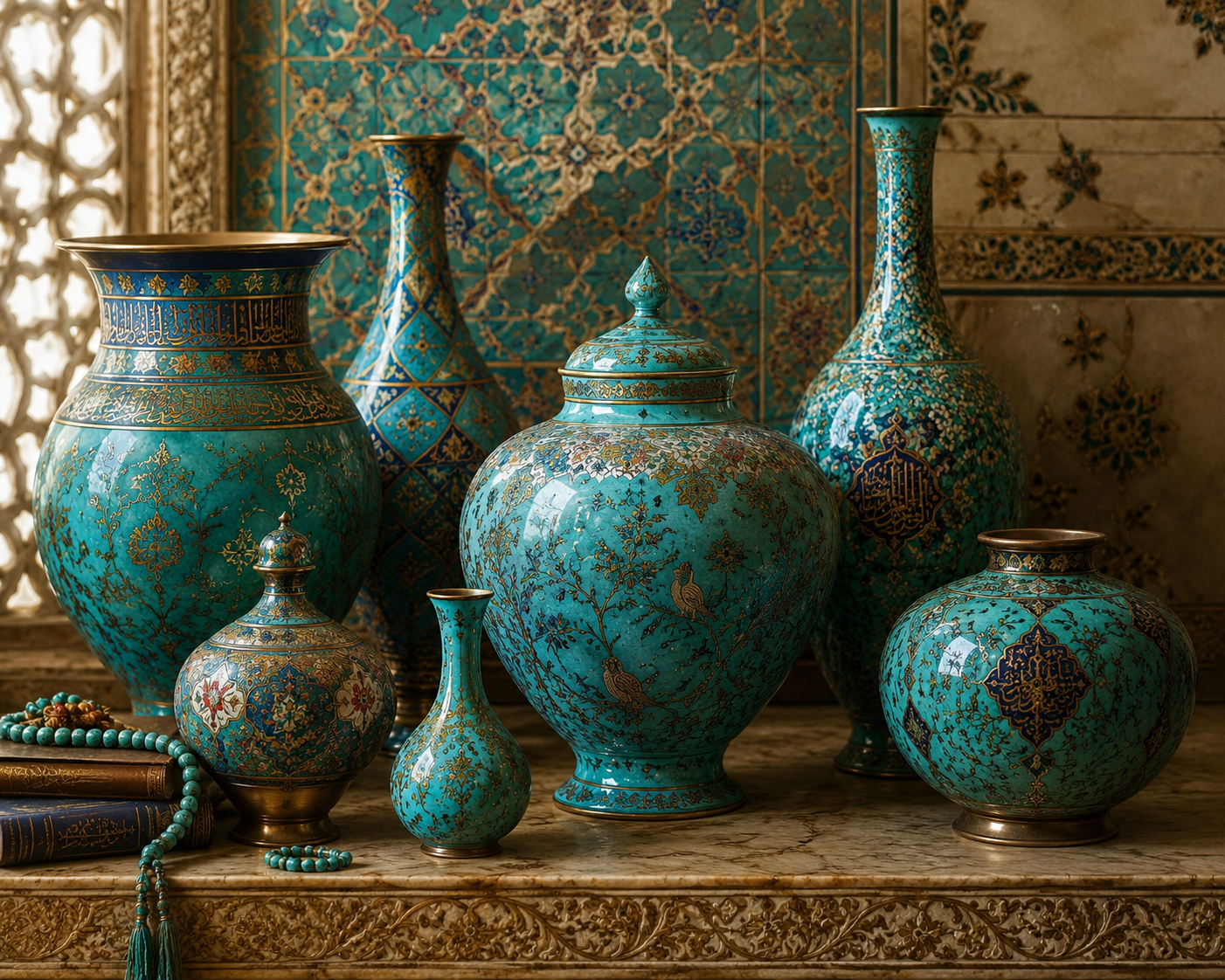 Turquoise and gold hand-painted Persian vases by Shadi Gholami
