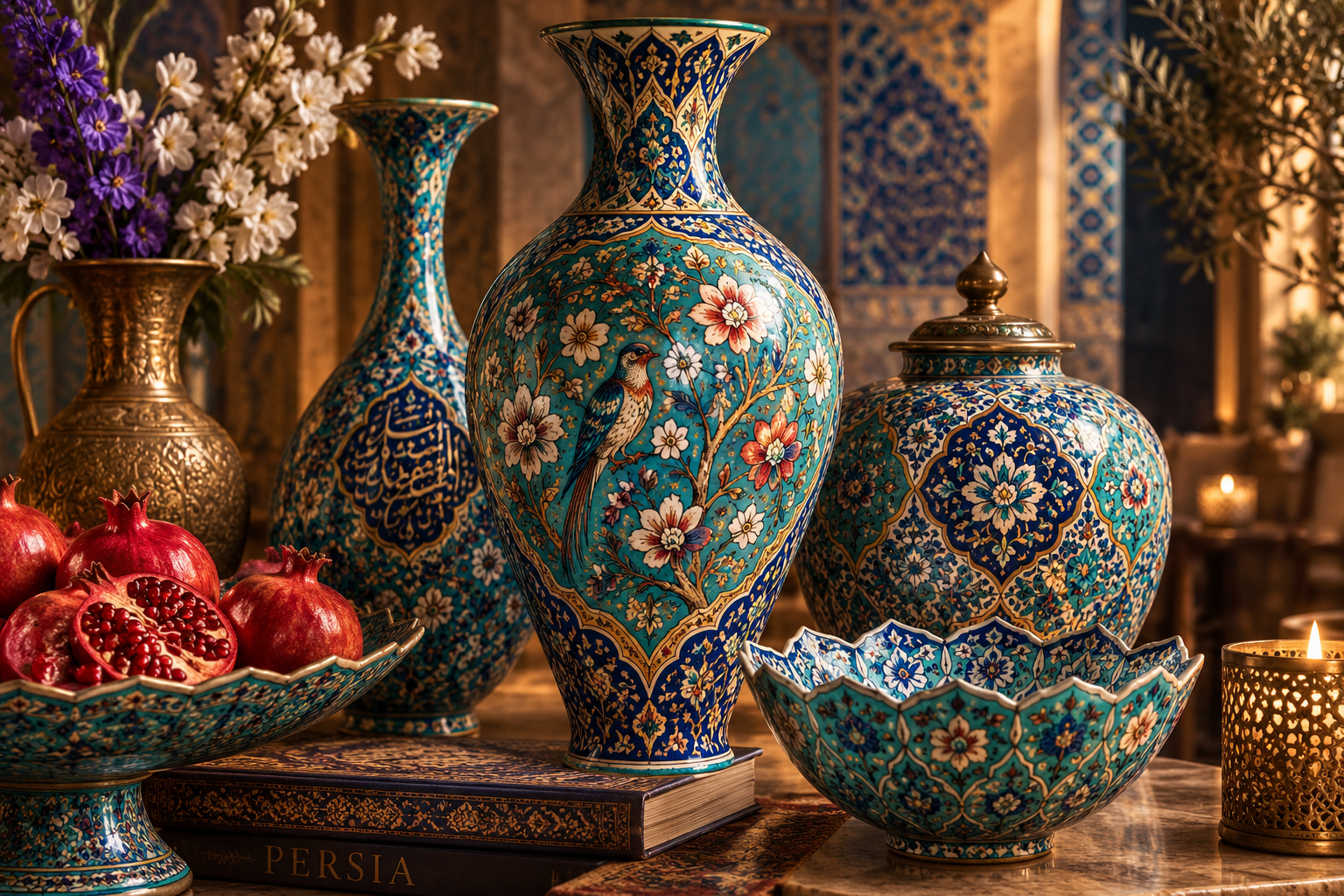 Persian floral and bird motif vase hand-painted by Shadi Gholami
