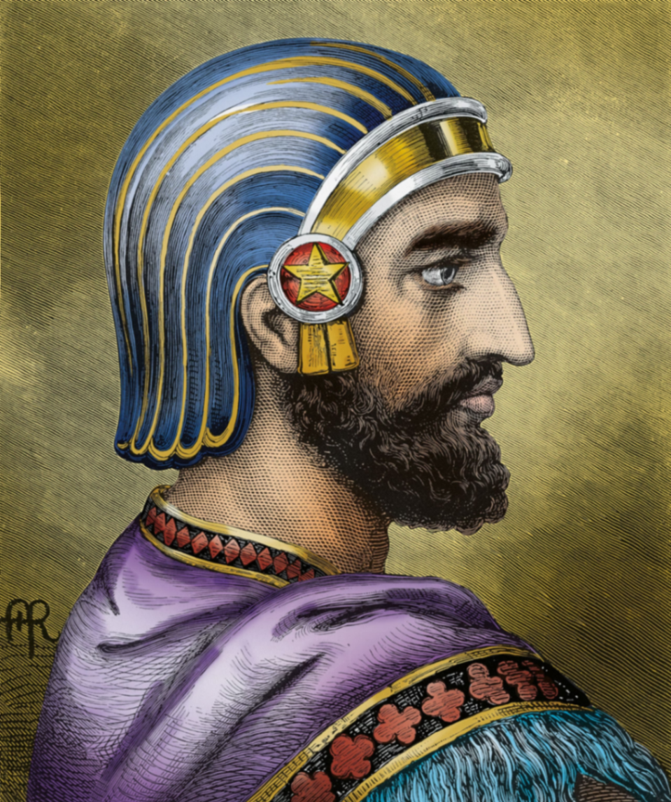 Historical illustration of Cyrus the Great in profile, wearing the blue and gold royal Persian helmet