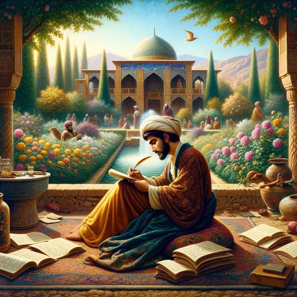 Saadieh — the mausoleum of Saadi in Shiraz, with columned portico and reflecting pool